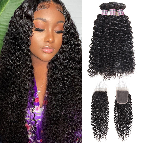 Curly Hair Bundles with Closure Peruvian Hair 3 Bundles with 4x4 Lace Closure