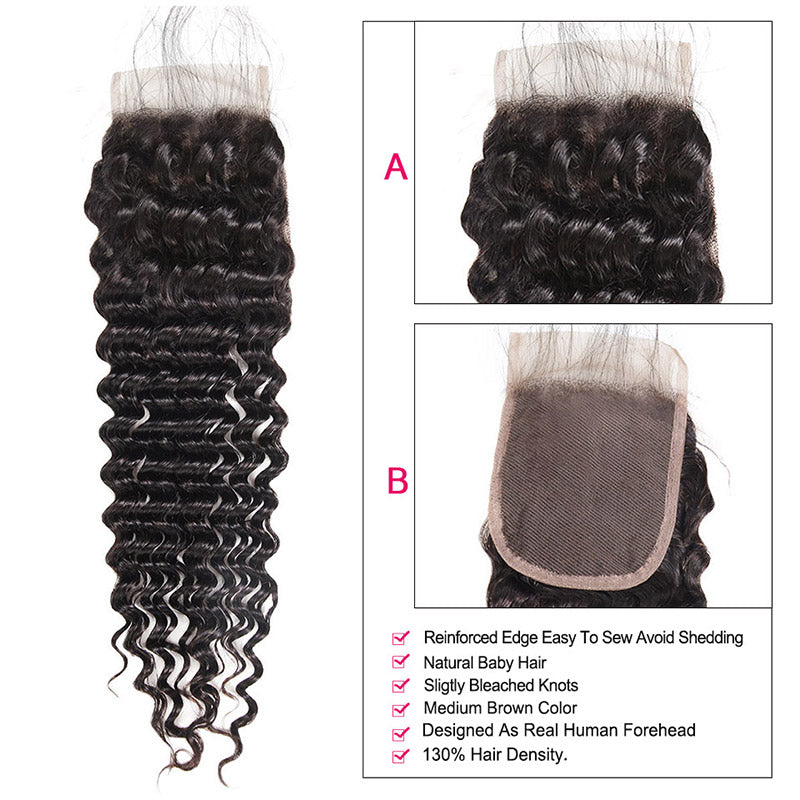 Deep Wave 3 Bundles with 4*4 Lace Closure Virgin Malaysian Human Hair