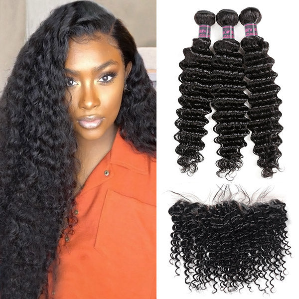 Products Deep Wave Bundles with Frontal Malaysian Human Hair Weave 3 Bundles with 13x4 Lace Front Closure