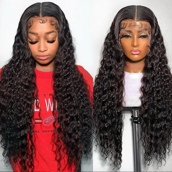 HD Transparent Human Hair Wigs 40Inch Deep Wave Wig For Black Women 180% Density Lace Front Wigs
