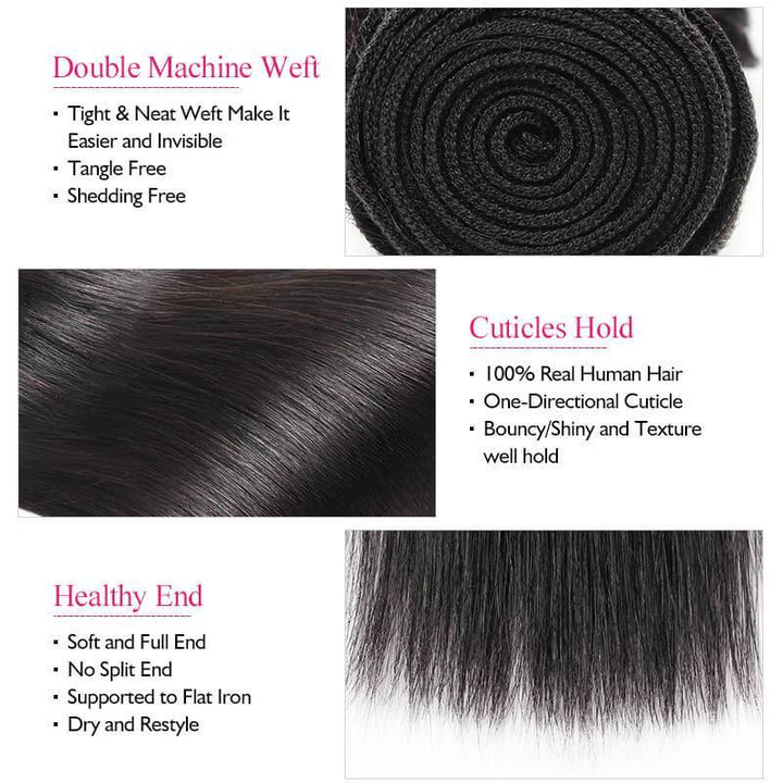 100% Virgin Remy Human Hair Bundles of Weft Indian Straight Natural Color 3 Bundles With 360 Lace Frontal Closure - IshowVirginHair