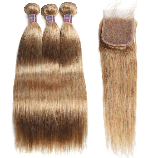 27# Honey Blonde Human Hair Bundles Straight Hair 3 Bundles With Lace Closure Color Hair Weave
