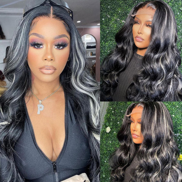 Grey Highlights Body Wave Human Hair Lace Front Wigs 30Inch Transparent 13x4 Lace Front Wig