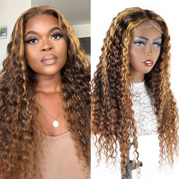 Ishow Honey Blonde Deep Wave Wig P4/27 Highlight Lace Front Wigs Peruvian Human Hair Wigs 30 Inch