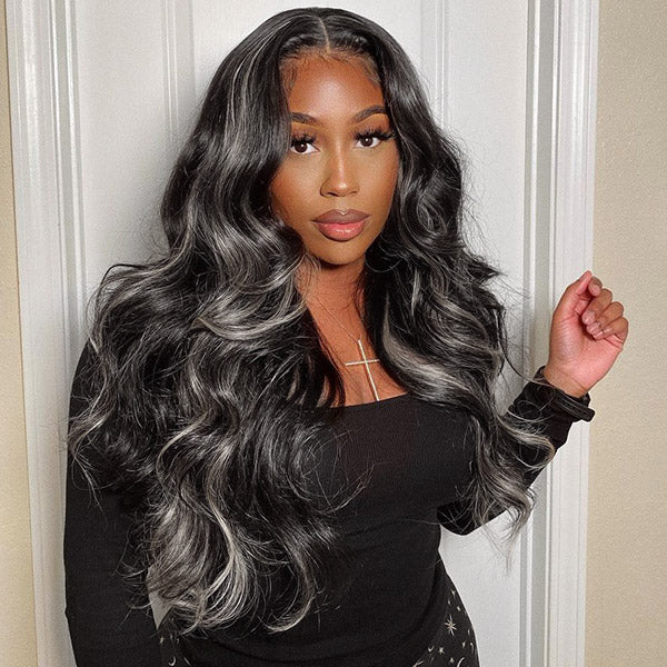 Grey Highlights Body Wave Human Hair Lace Front Wigs 30Inch Transparent 13x4 Lace Front Wig