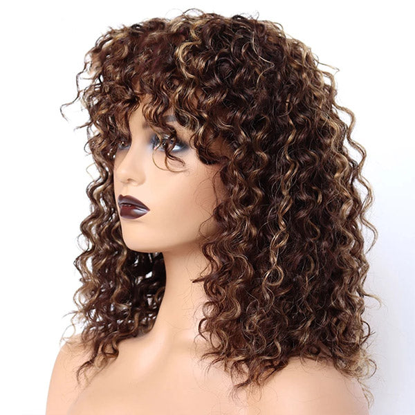 Curly Bob Wig With Bang Glueless Human Hair Wigs For Black Women Bob Highlight Wigs