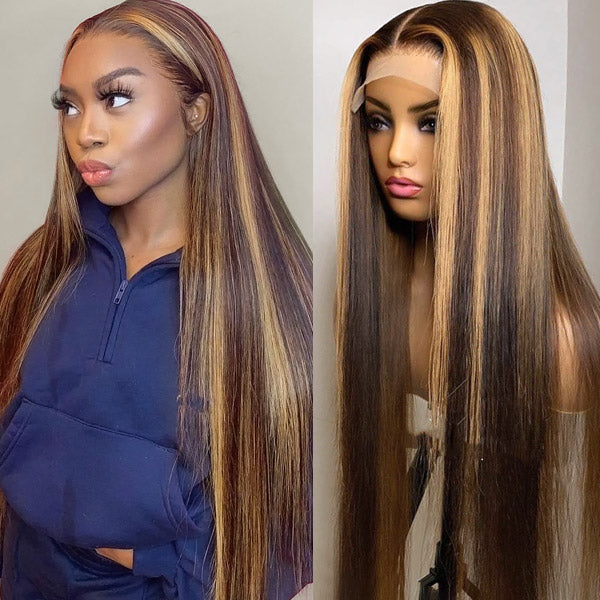 Highlights Honey Blonde Wig Straight Human Hair Wigs 13x4 Lace Frontal Wig