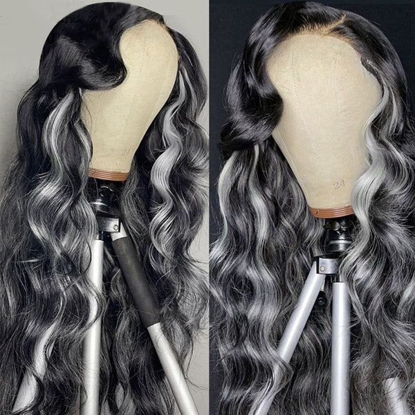 Grey Highlights Body Wave Human Hair Lace Front Wigs 30Inch Transparent 13x4 Lace Front Wig