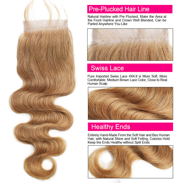 Body Wave Honey Blonde Hair Bundles 3 Bundles With Closure 27# Hair Color