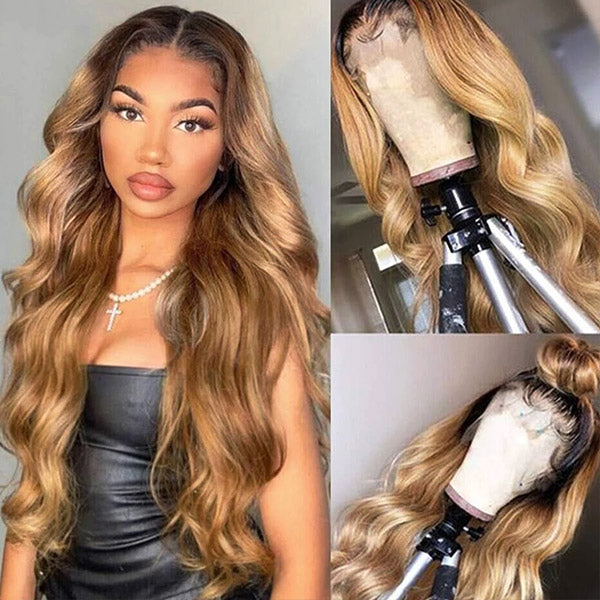 Ombre Honey Blonde Full Lace Wigs Body Wave Human Hair Wigs With Baby Hair 180% Density Colored Lace Front Wigs