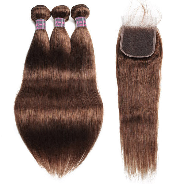 4# Color Hair Weave Bone Straight Hair Bundles With 4x4 Closure Brazilian Human Hair Bundles With Lace Closure