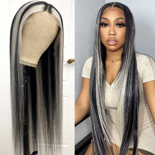 Gray Highlights On Black Hair Straight Lace Front Wigs 180% Density Colored Human Hair Wigs