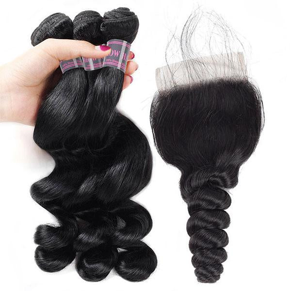 Virgin Peruvian Loose Wave 3 Bundles with 4*4 Lace Closure Ishow Hair Deals - IshowHair