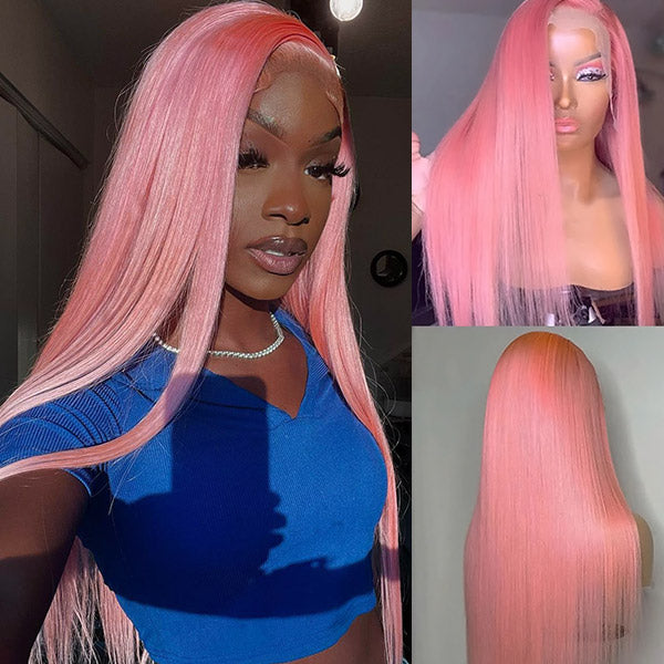 Pink Wig Human Hair Straight HD Lace Front Wigs With Baby Hair 250% Density Colored Wigs