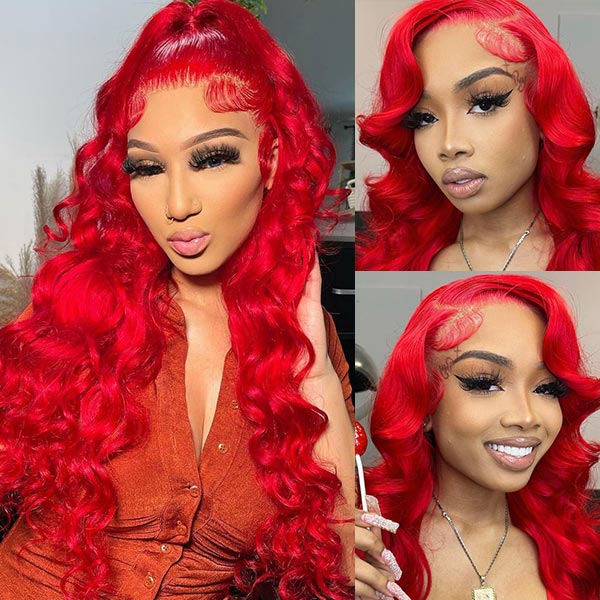 XMAS Flash Sale Body Wave Red Frontal Lace Wigs 50% Off