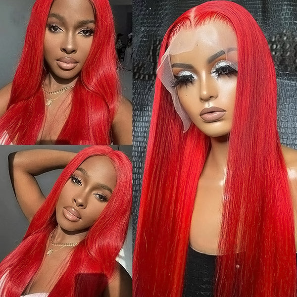 Red Wig Bone Straight 13x4 Lace Front Wigs 30 Inch Long HD Human Hair Wigs With Baby Hair