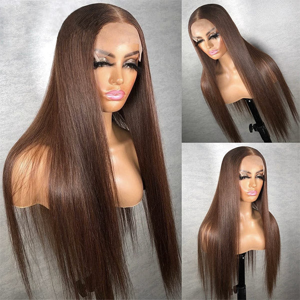 Dark Brown Wigs Straight Human Hair Wigs #4 Chocolate Brown Lace Front Wig For Black Women