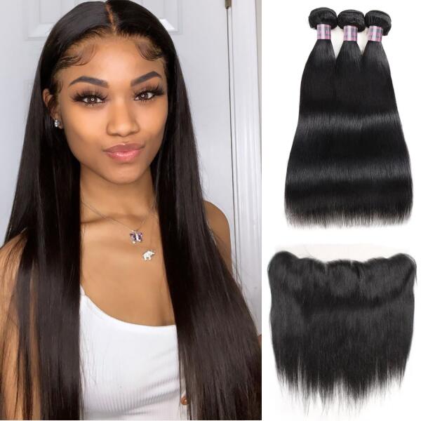 Ishow Brazilian Straight Virgin Hair Weave 3 Bundles with 13*4 Lace Frontal - IshowHair