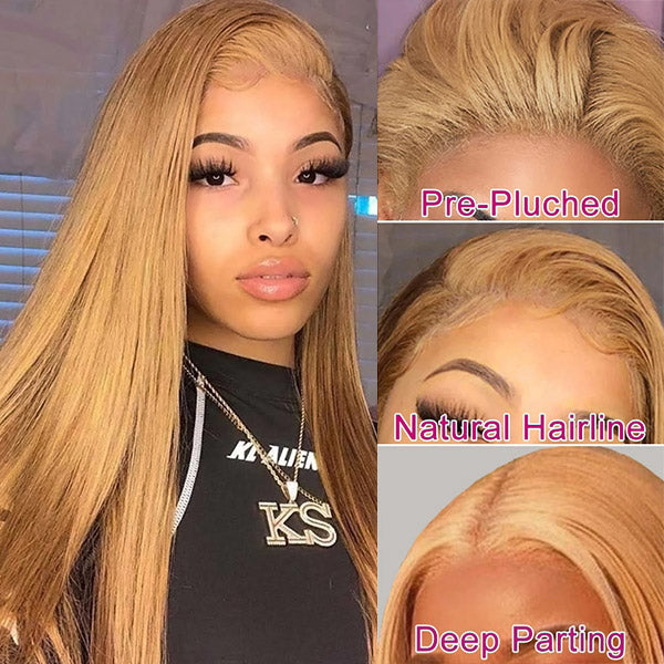 Honey Blonde Wigs Human Hair Straight Hair Wigs 27# Color Lace Wigs For Black Women 30Inch 13x4 Lace Front Wigs With Baby Hair