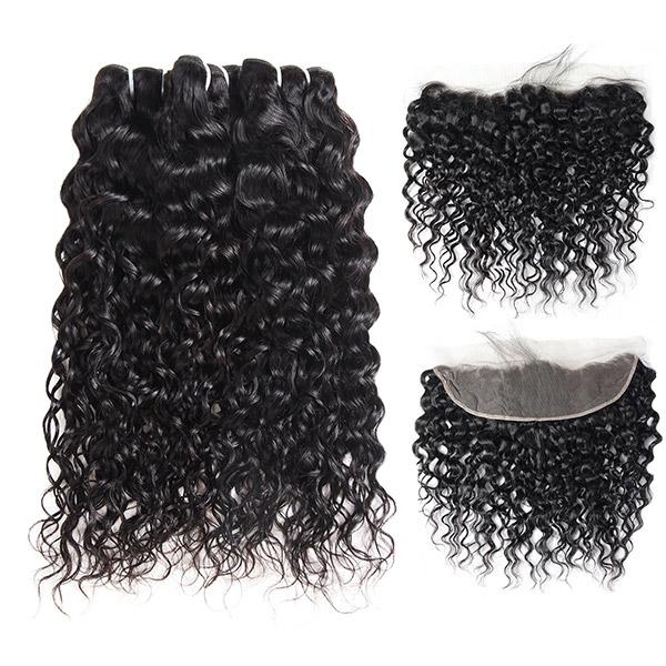 Ishow Human Hair Bundles Brazilian Water Wave 3 Bundles with Lace Frontal Closure - IshowHair
