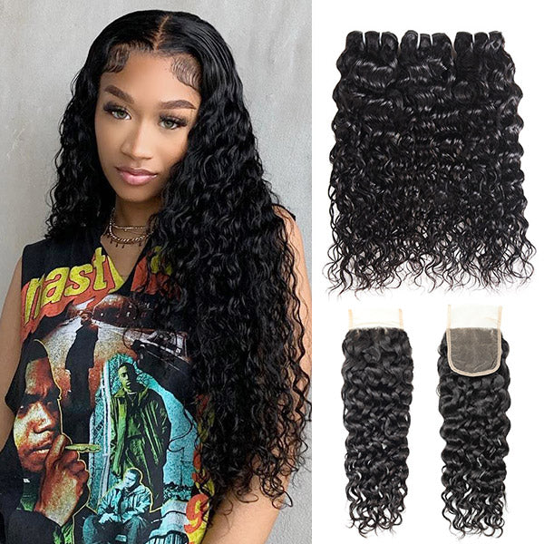 Water Wave Hair with Closure Brazilian Hair 3 Bundles with 4x4 Lace Closure